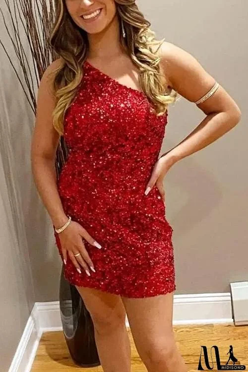 MidiSono - Sequin One Shoulder Bodycon Mini Dress