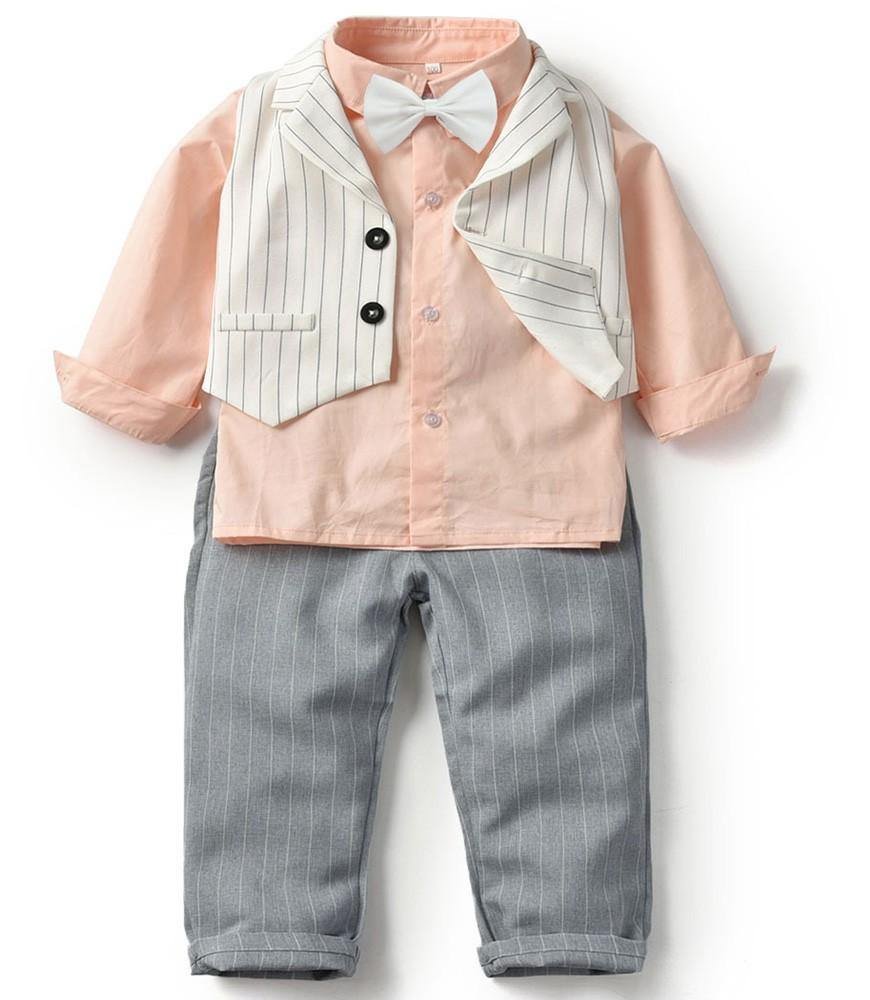 Buzzdaisy Boys Pink Cotton Shirt White Stripe Vest And Grey Pants Outfit Set
