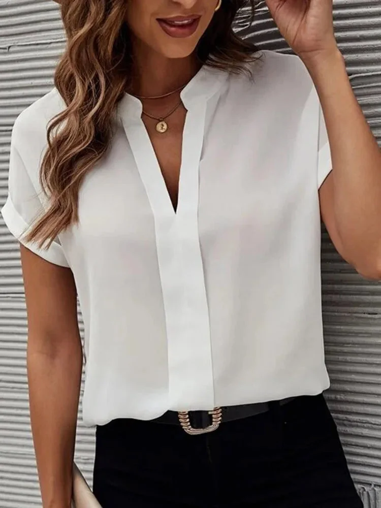 Huiketi Office Lady White Chiffon Women Shirt 2024 Summer New Work V-Neck Short Sleeve Loose Women Casual Blouse Female Clothes