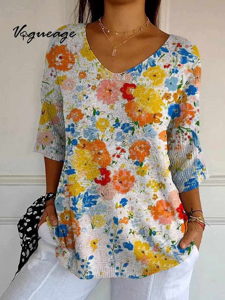 Bright And Fashionable Colorful Small Florals Printed Knitted Sweater