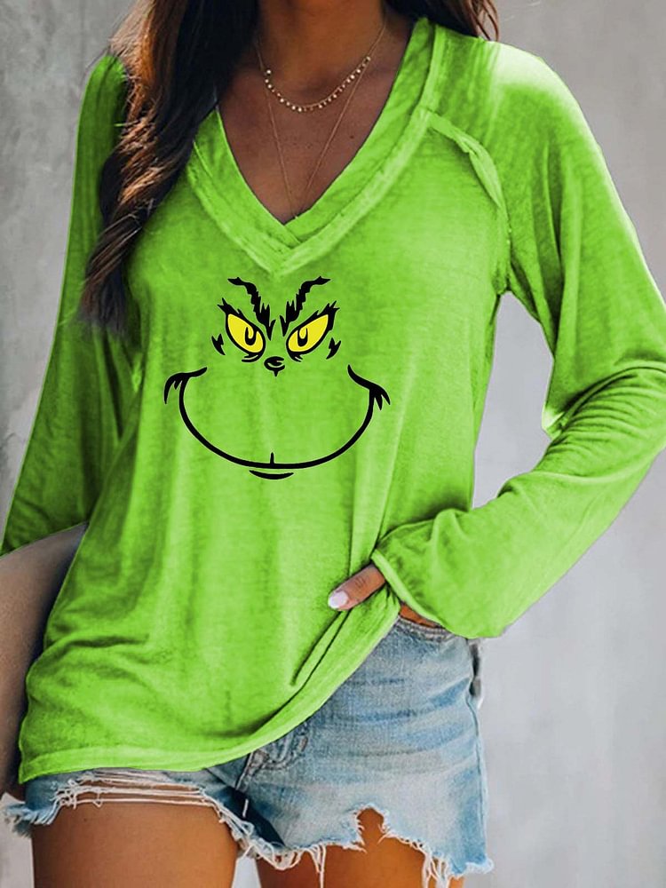Mayoulove Women's Grinch Print V-Neck Long Sleeve Top-Mayoulove
