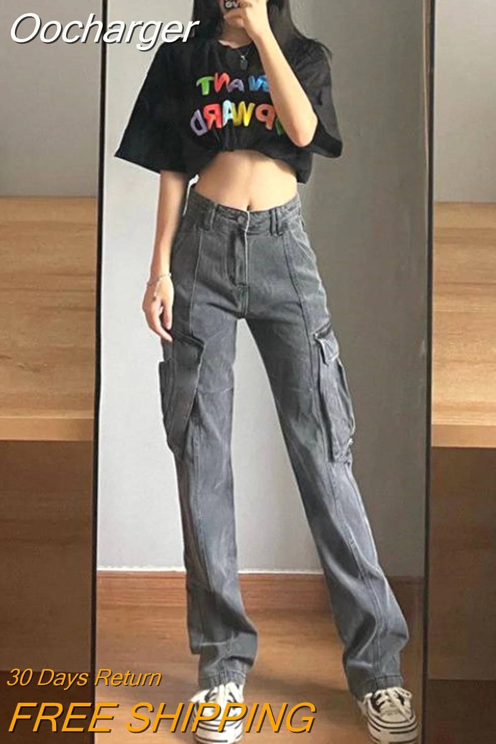 Oocharger Women Sweatpants Bottoms BF Y2k Cargo Big Pockets Vintage High Waisted Hippie Trousers Baggy Korean Style Straight Pants