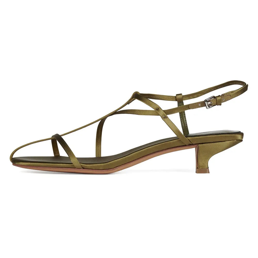 Olive Satin Open Round Toe Elegant Low Heel Sandals with T-Strap
