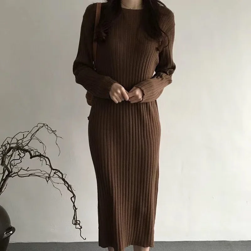 Athvotar Athvotar And Winter 2025 Long-Sleeved Collar Knitted Dress New Medium And Long Solid Color Bottom Straight Over Knee Dress