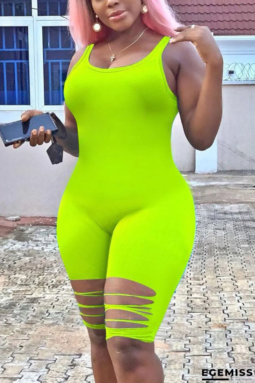 Fluorescent green Fashion Sexy Sleeveless Broken Hole Romper | EGEMISS