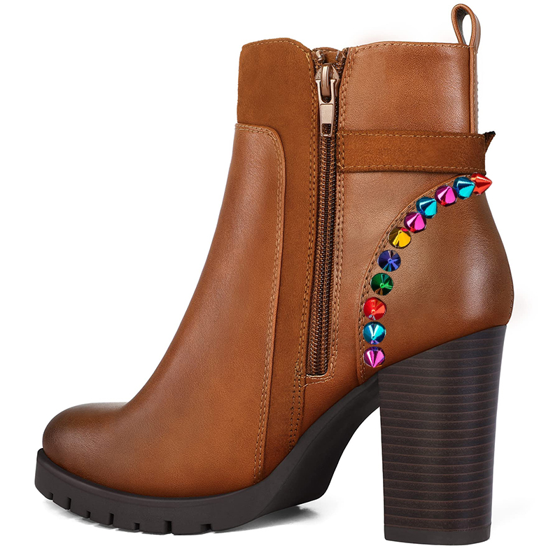 Brown Patchwork Round Toe Chunky Heel Ankle Boots with Rivets Nicepairs