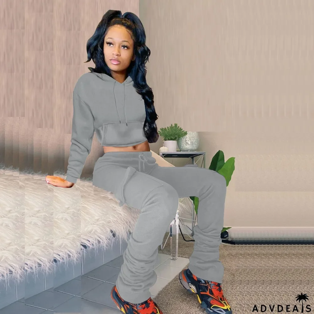 Solid Fleece Hoodie Top Pile Pants Casual Two Piece Sets