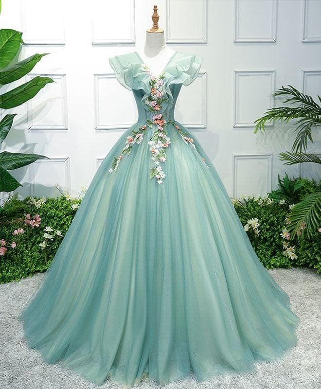 Green V Neck Tulle Long Prom Dress, Green Evening Dress SP17232