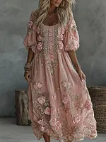 Women's Floral Roses Art Print Flowy Linen Blend Casual Short Sleeve Maxi Dress