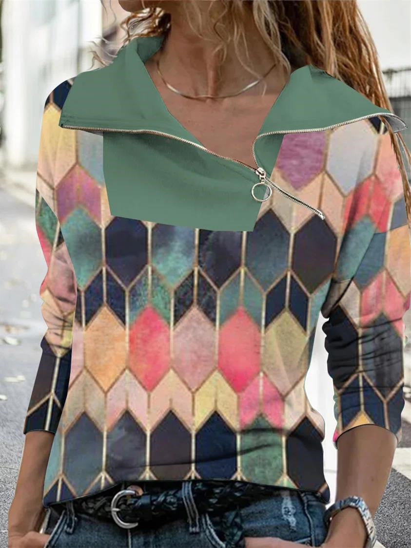 Women Long Sleeve V-neck Graphic Floral Printed Top