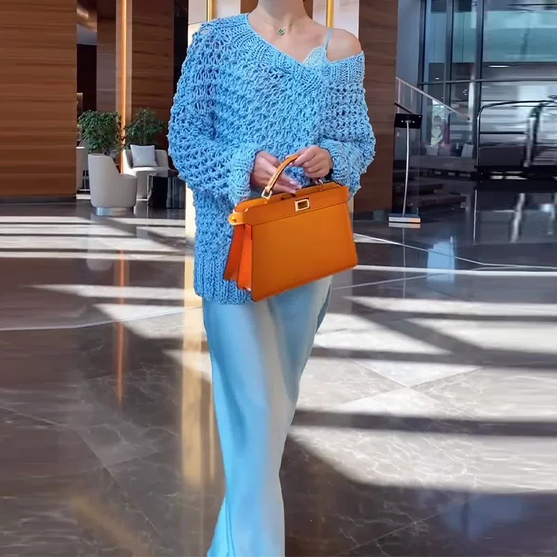 Toloer Toloer 2023 New Solid Color Hollow Design Lazy Wind Fashion Style Diagonal Shoulder Sweater-Outfit Ideas