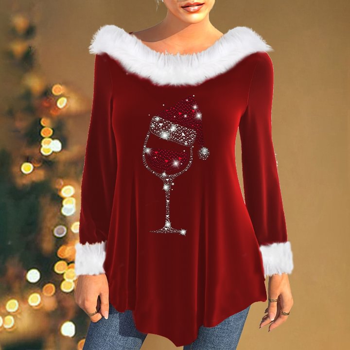 Ladies Christmas hat and wine glass print bouquet corset T-shirt