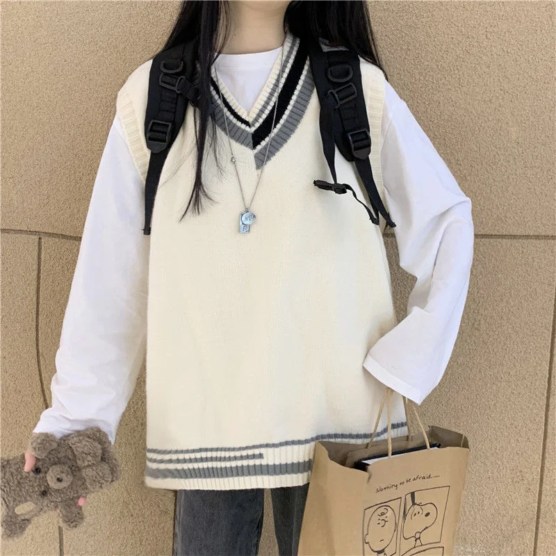 Women Sweater Vest Loose College Style Students All-match V-neck Sleeveless Vintage Tops Patchwork White Jumper Casual Fashion