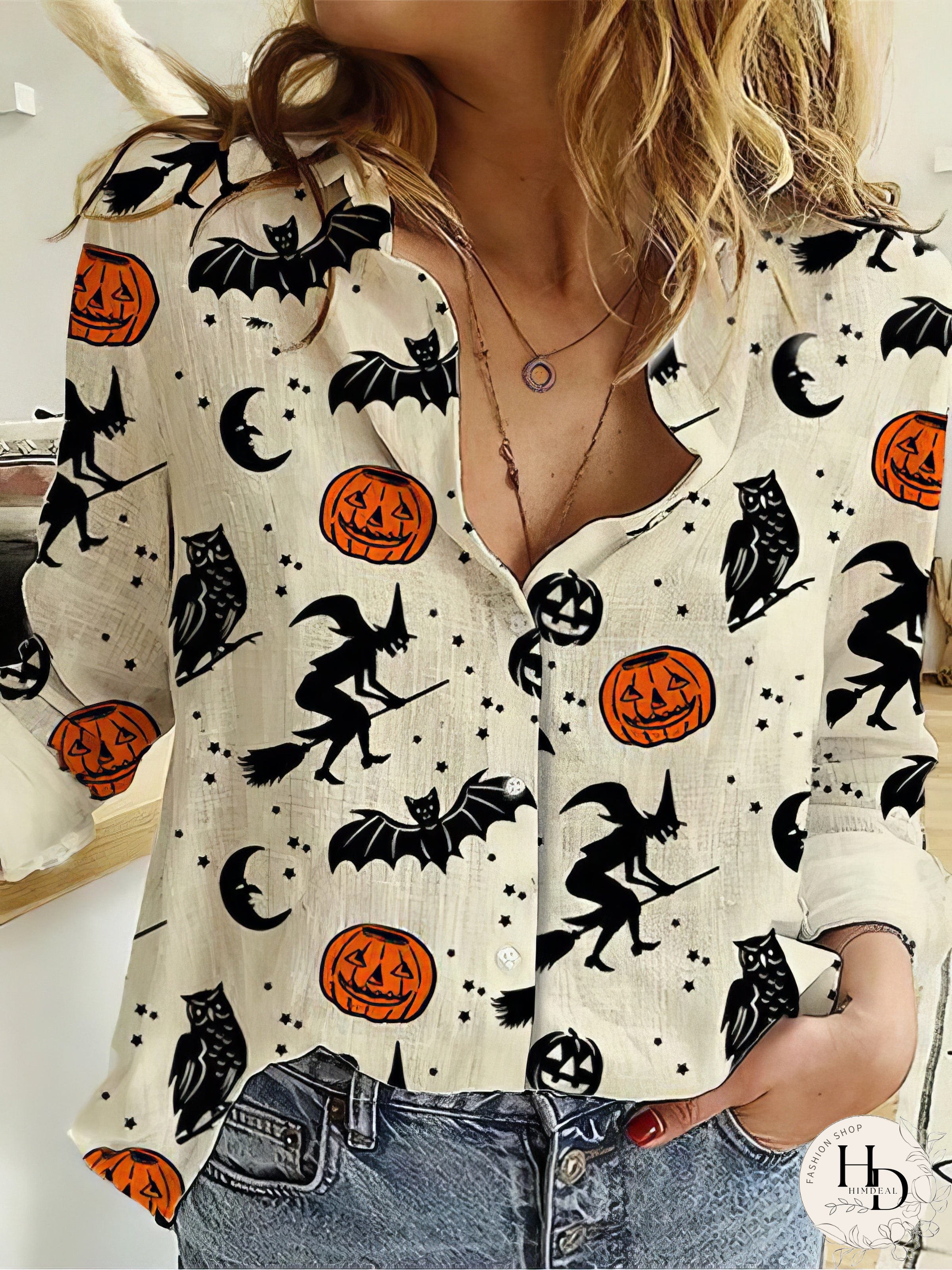 Witch Bat Pumpkin Print Long Sleeve Blouses