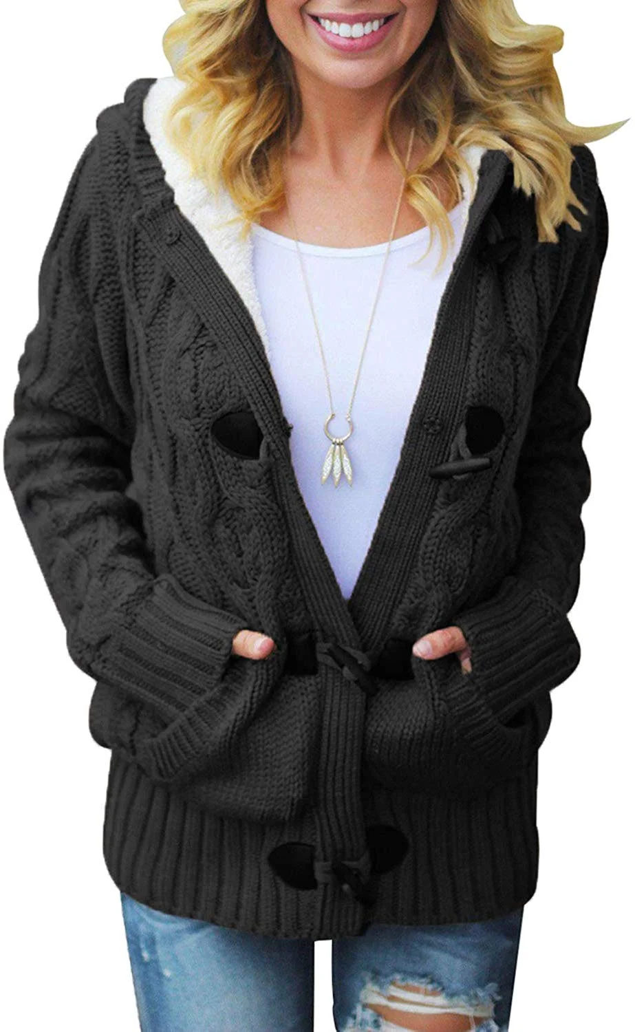Women Button Up Cardigan Knit Hooded Cable Sweater Coat Outwear
