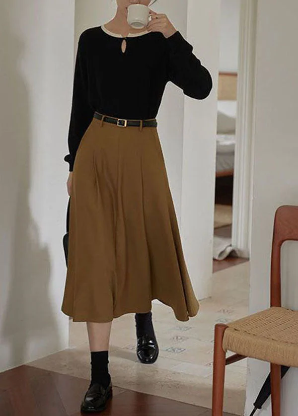 Modern Coffee Wrinkled Pockets Patchwork Cotton Skirts Spring