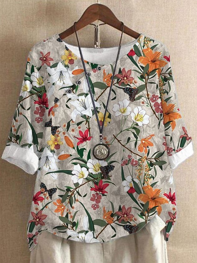 Floral Crew Neck Buttoned Tops