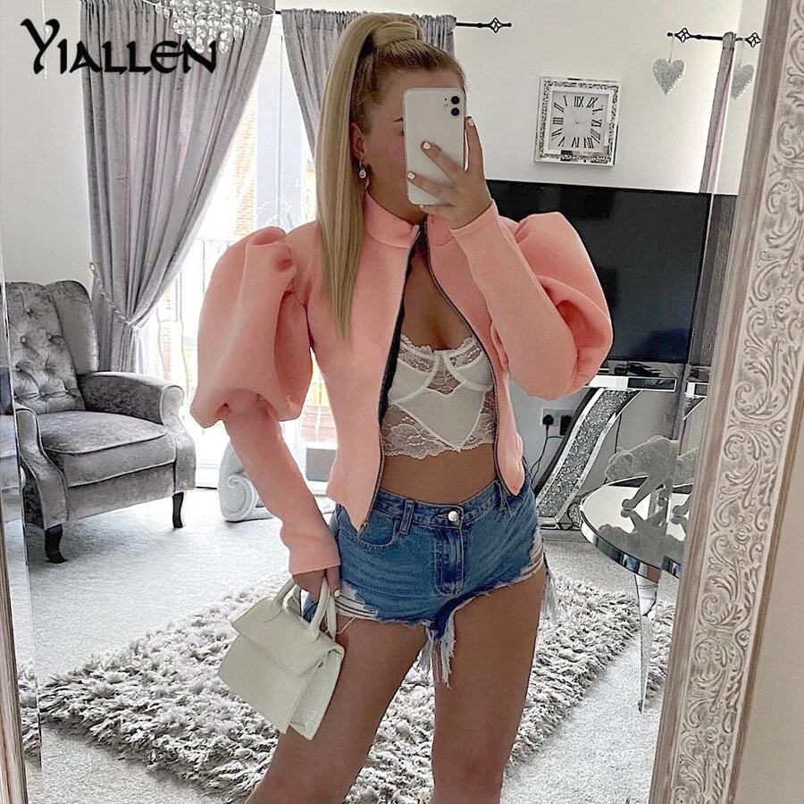 Yiallen Autumn Casual Elegant Puff Sleeve Zipper Slim Jacket Women Skinny Wild Office Lady Coat Y2K Top High Street Clothing