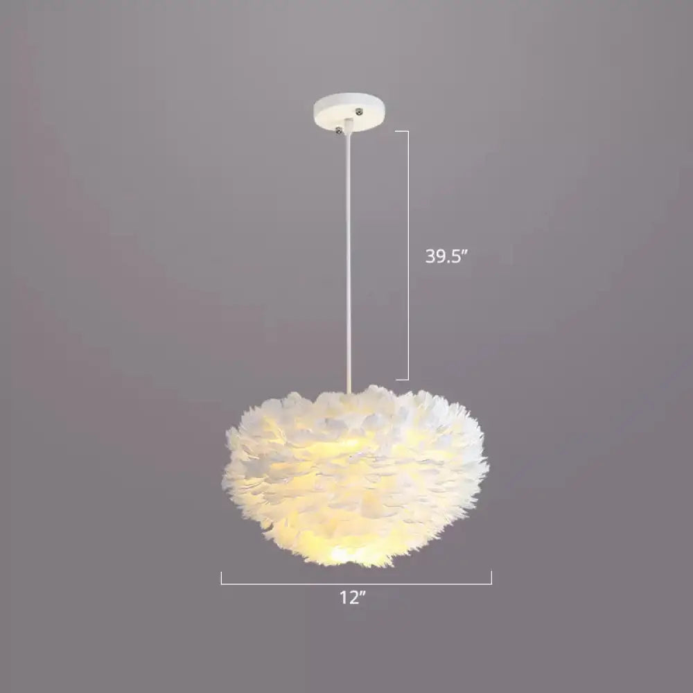Nordic Style Bedroom Suspension Light Fixture With Feather Dome Pendant Shade White / 12&rsquo;