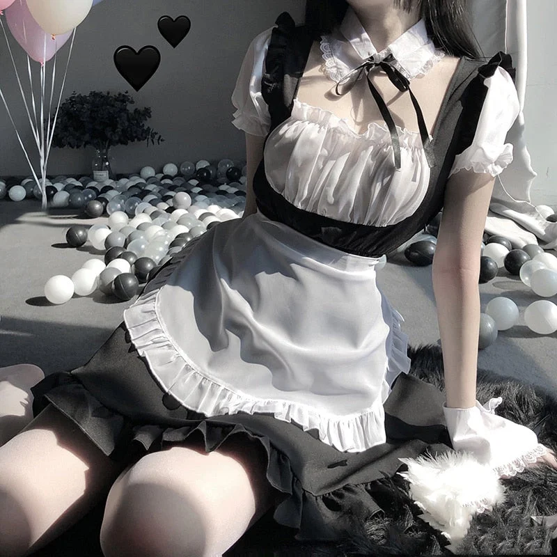 Sexy Cute Lace Up Black and White Maid Dress Role Play Costume Transparent Chiffon Cosplay Anime Uniform Temptation Suit 0613