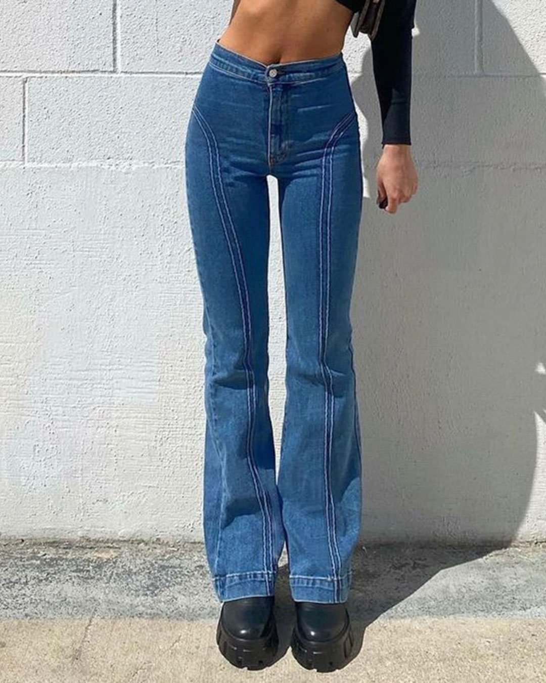 Fashionv-Retro Mid-rise Double Stitch Paneled Bootcut Jeans