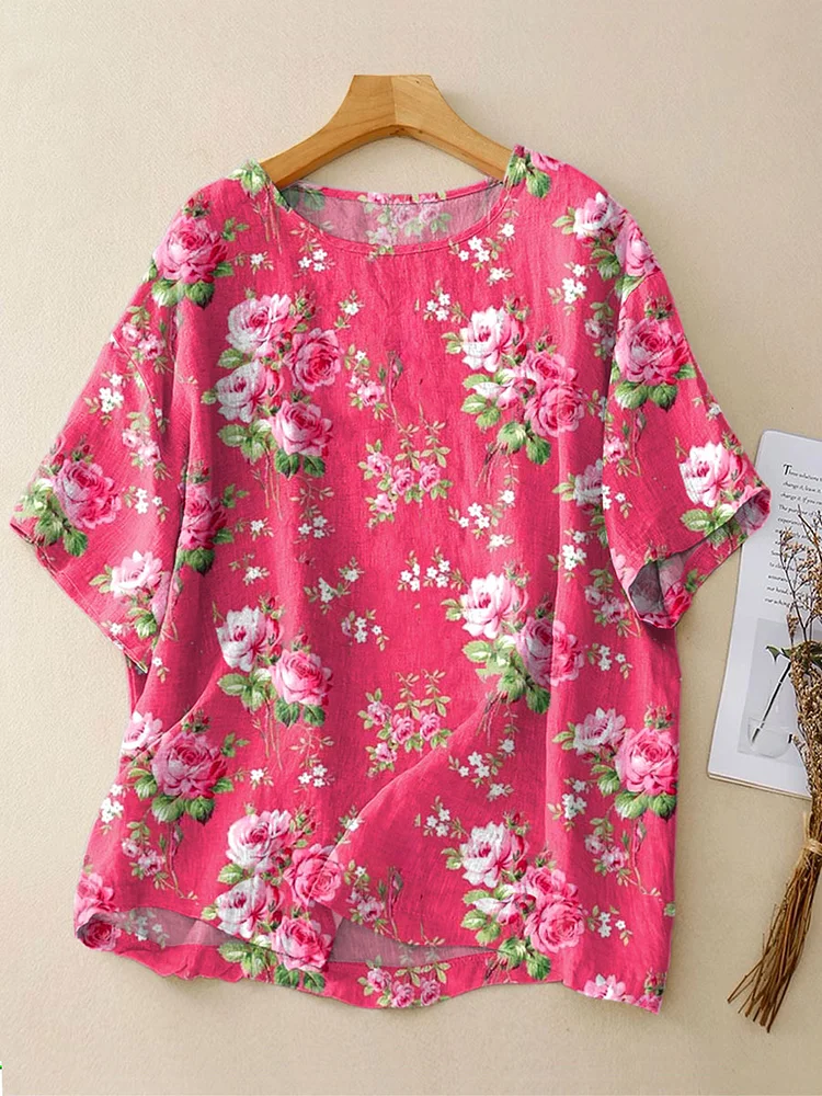 Women's Vintage  Flowers  Art  Print Casual Linen Crew Neck Shirt