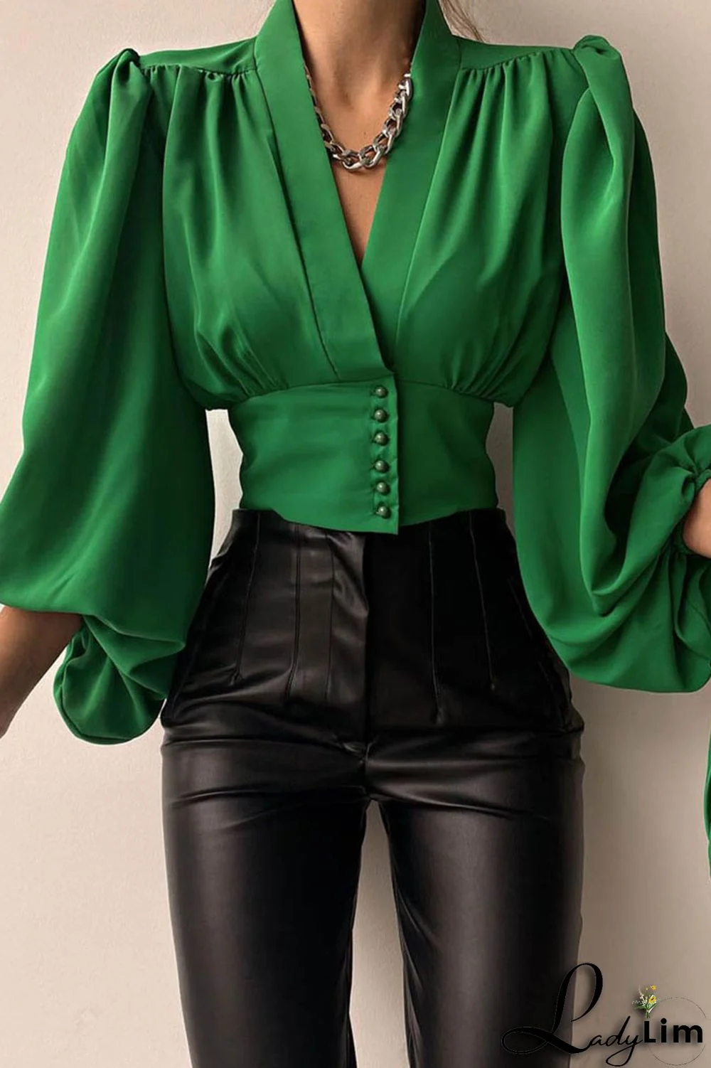 Green Elegant Solid Split Joint V Neck Tops