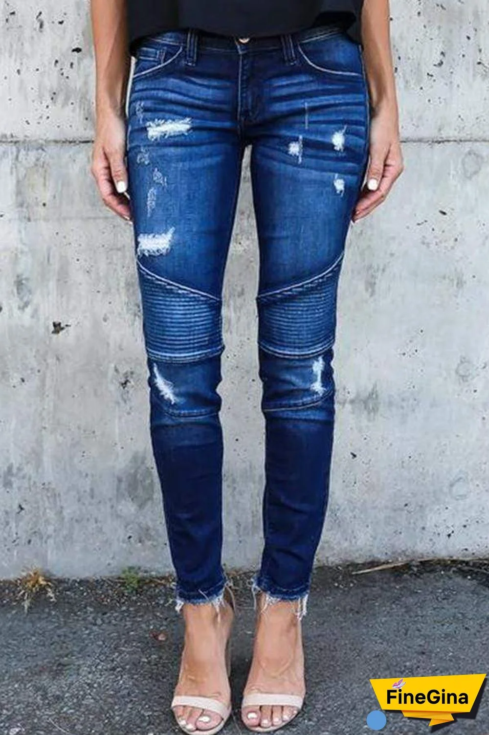 Regular Waist Solid Color Skinny Fit Hole Jeans