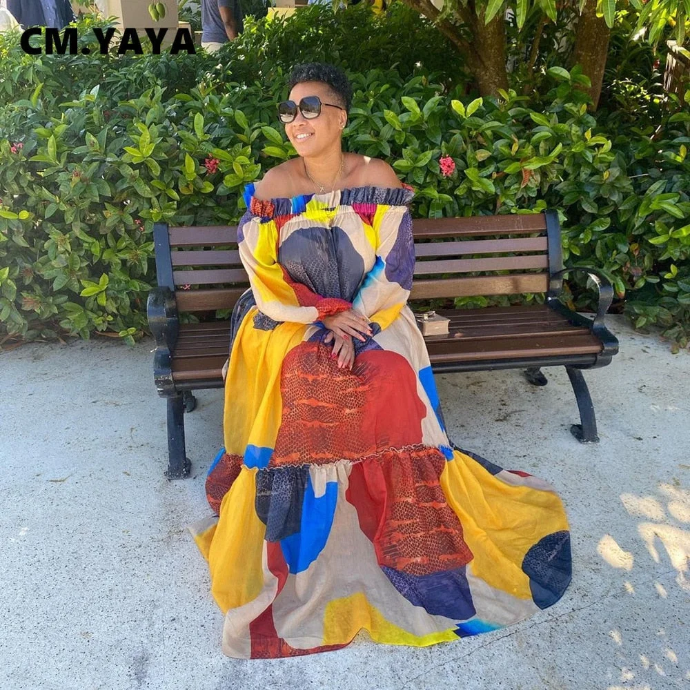 CM.YAYA Women Dress Print Off Shoulder Full Sleeve Loose Maxi Swinging Long Dresses Sexy Fashion Outfits Summer 2021