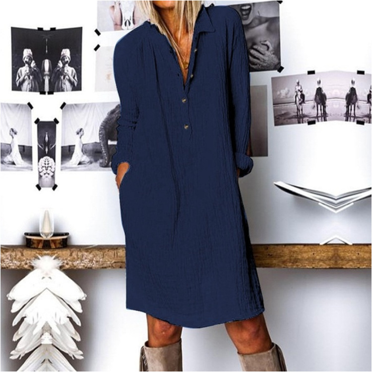 Pure Color Cotton and Linen Long-sleeved Short Dress Woman's Dress-vocosishoes