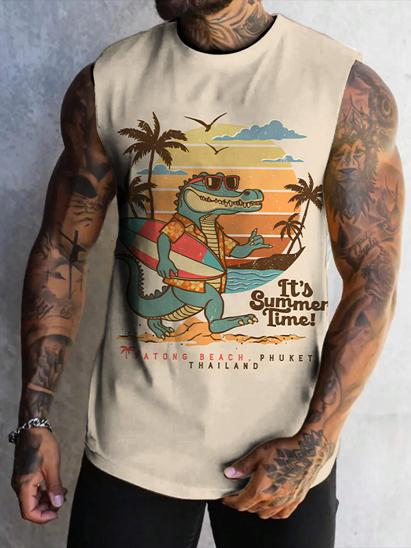Men's It's Summer Time Alligator On Vacation Art Print Tank Top