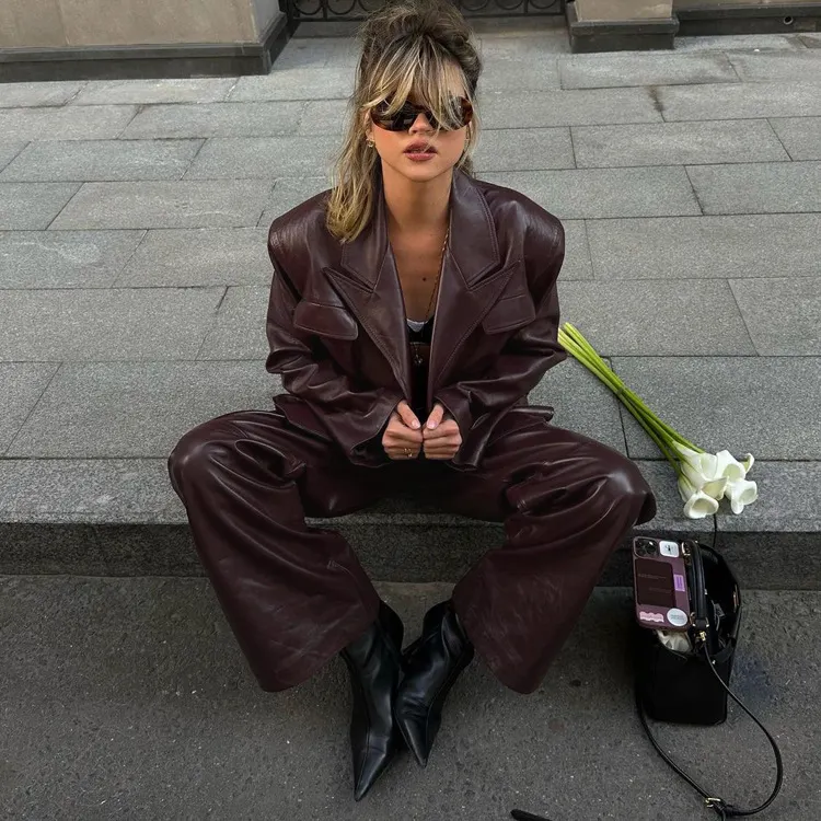 Churchf Churchf Spring And Autumn New Retro Green Fruit Collar With Belt Leather Coat High Waist Leather Pants Fashion Suit Female