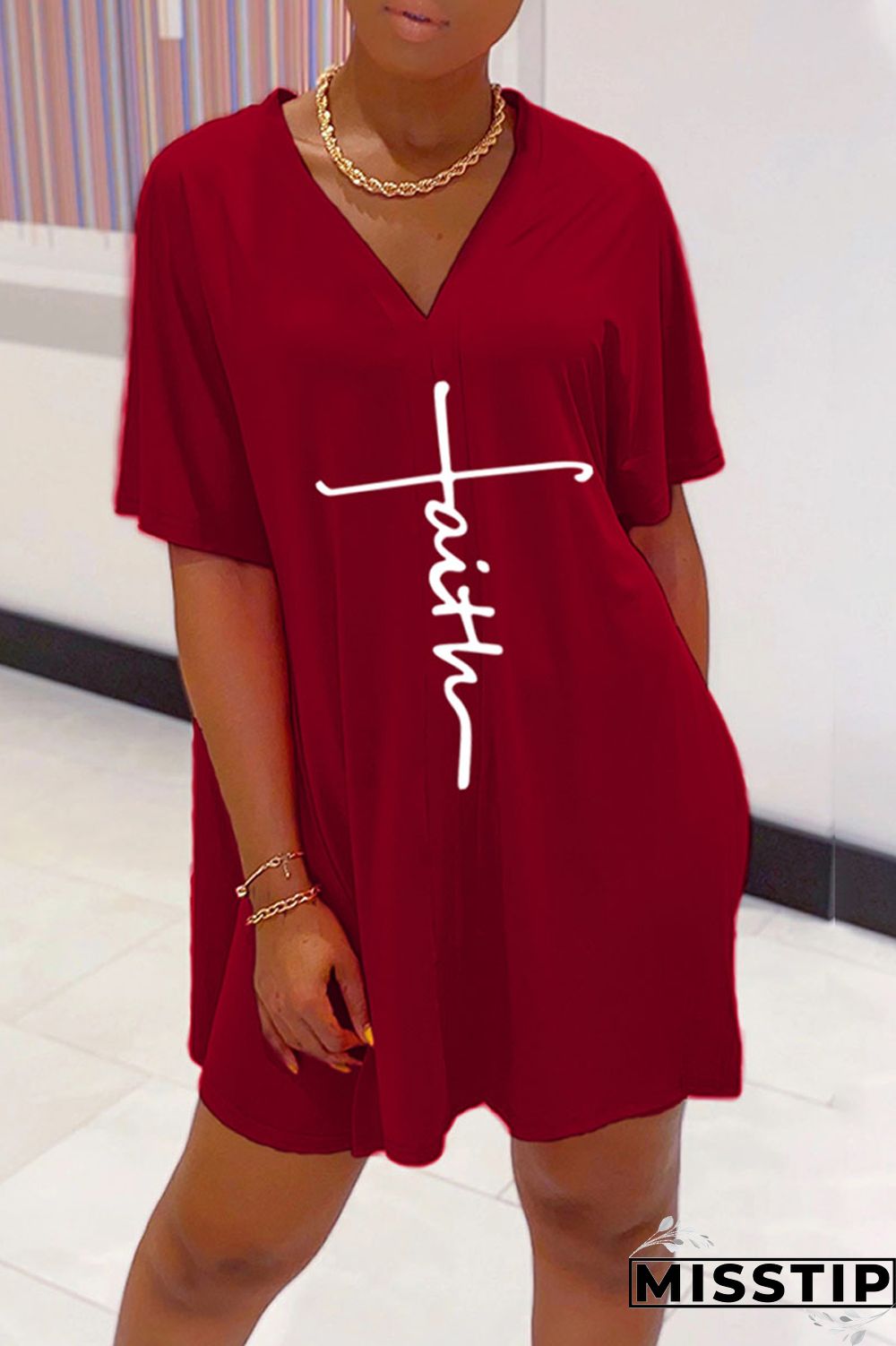 Burgundy Casual Print Patchwork V Neck Short Sleeve Two Pieces