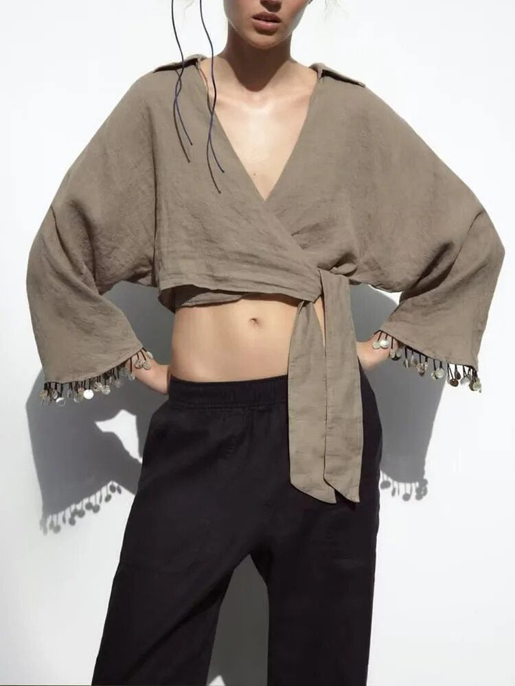 Rarove - New Women's Meet Activewear Bow Tie Blouse Beaded Embellished Linen Long Sleeve Double Barred V Neck Bolero