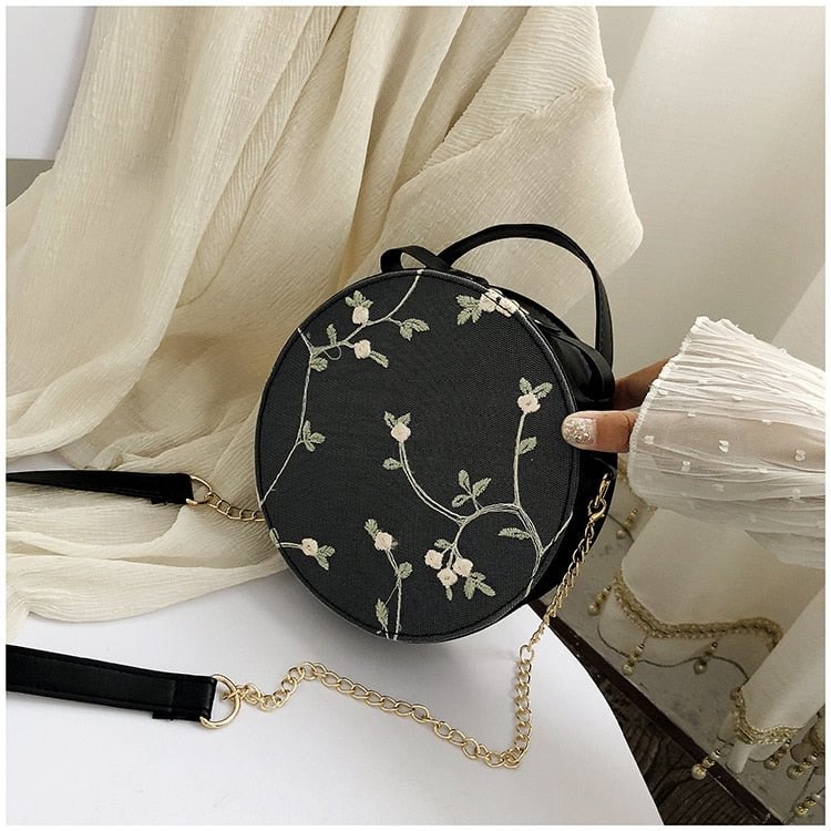 Hot Sale Sweet Lace Round Handbags High Quality PU Leather Women Crossbody Bags Female Small Fresh Flower Chain Shoulder Bags
