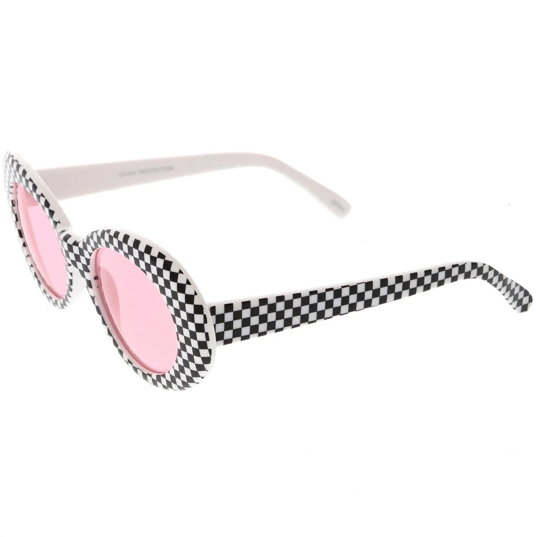 Large Retro Checkered Oval glasses Thick Frame Colored Lens Wide Arms 53mm