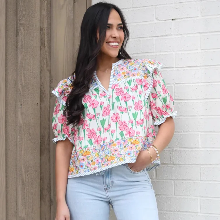 Athvotar Athvotar Summer New Women's Small Fresh Print Flowers Short-Sleeved Leisure Commute OL Top Women's Clothing