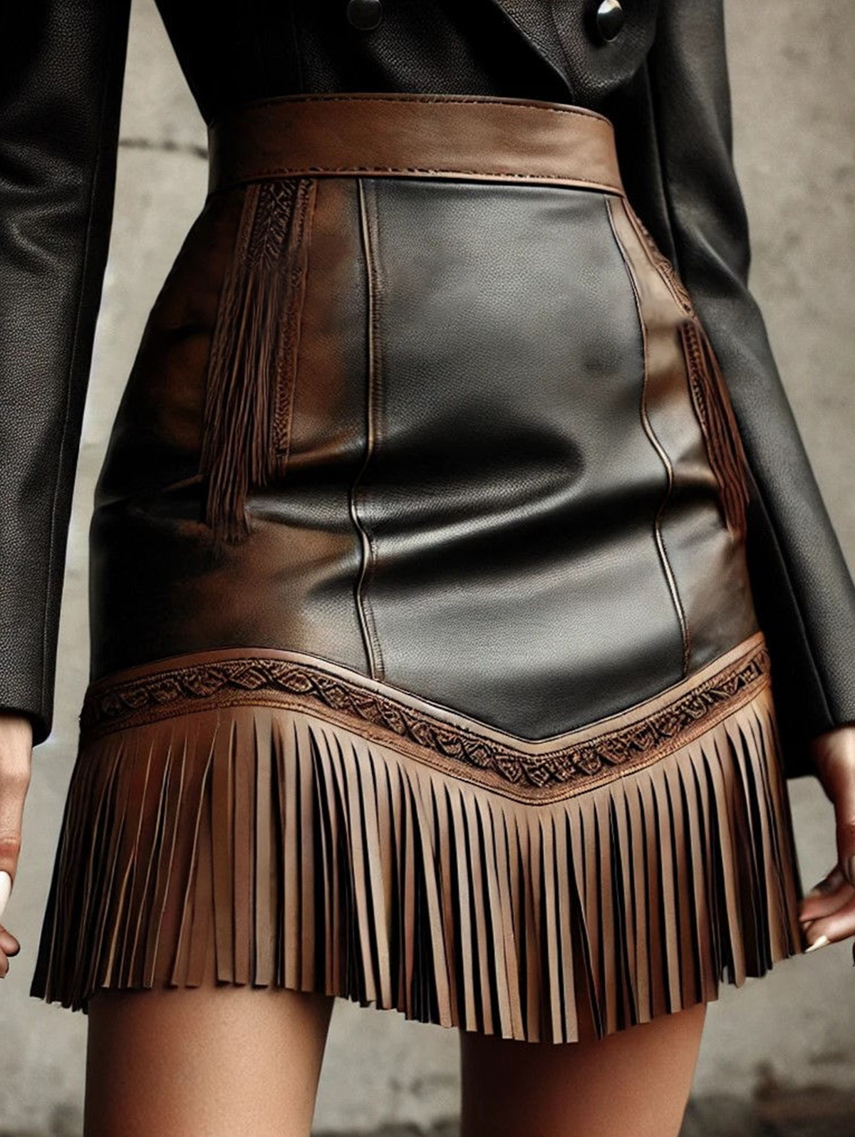 Ursime PU Leather High Rise Fringe Hem Mini Skirt