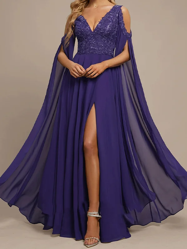 V-Neck Floor-Length Chiffon Lace Evening Dress With Sequins