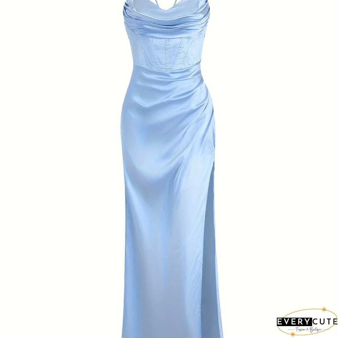 Split Thigh Backless Dress, Sexy Solid Party Maxi Dress, Women's Clothing