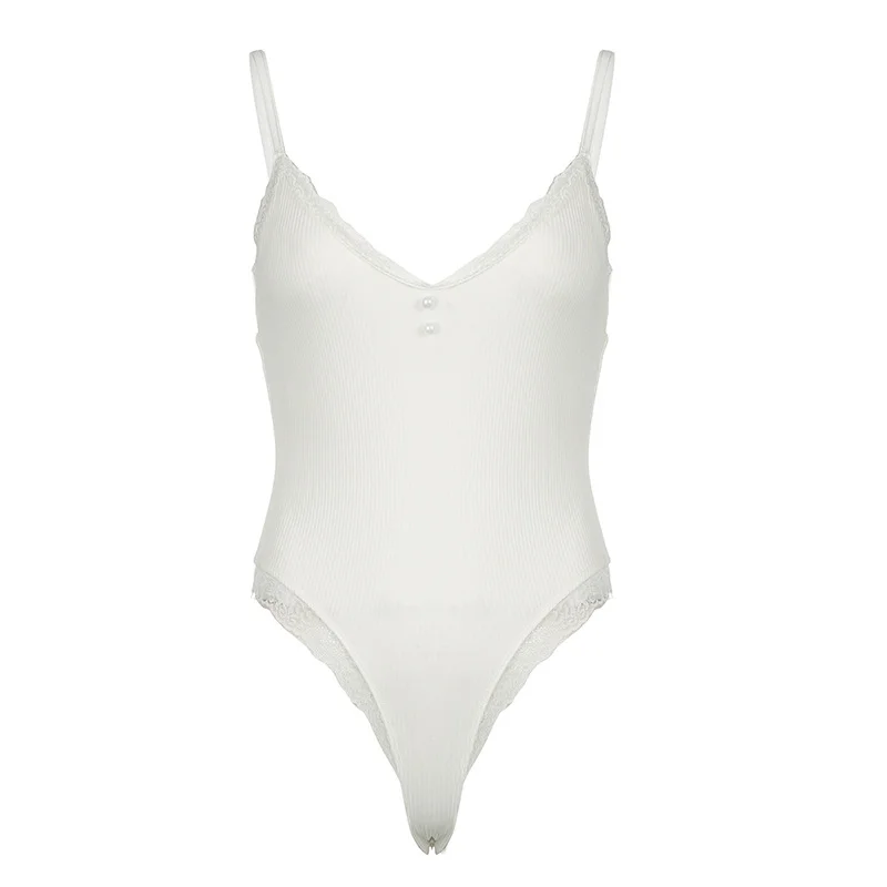 Ueong And Spicy Girl Lace Button Splicing Pure White V-Collar Sexy Tight Sling One-Piece Suit Trend