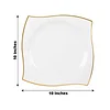 10 Pack | 10" White / Gold Wavy Rim Modern Square Plastic Dinner Plates, Disposable Party Plates