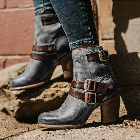 Vintage Stacked Heel Booties Adjustable Buckle Chunky Heel Casual Boots