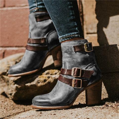 Vintage Stacked Heel Booties Adjustable Buckle Chunky Heel Casual Boots