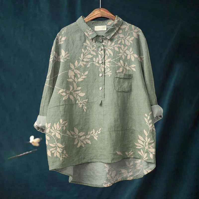 Comstylish Floral Print Lapel Loose Linen Blend Shirt