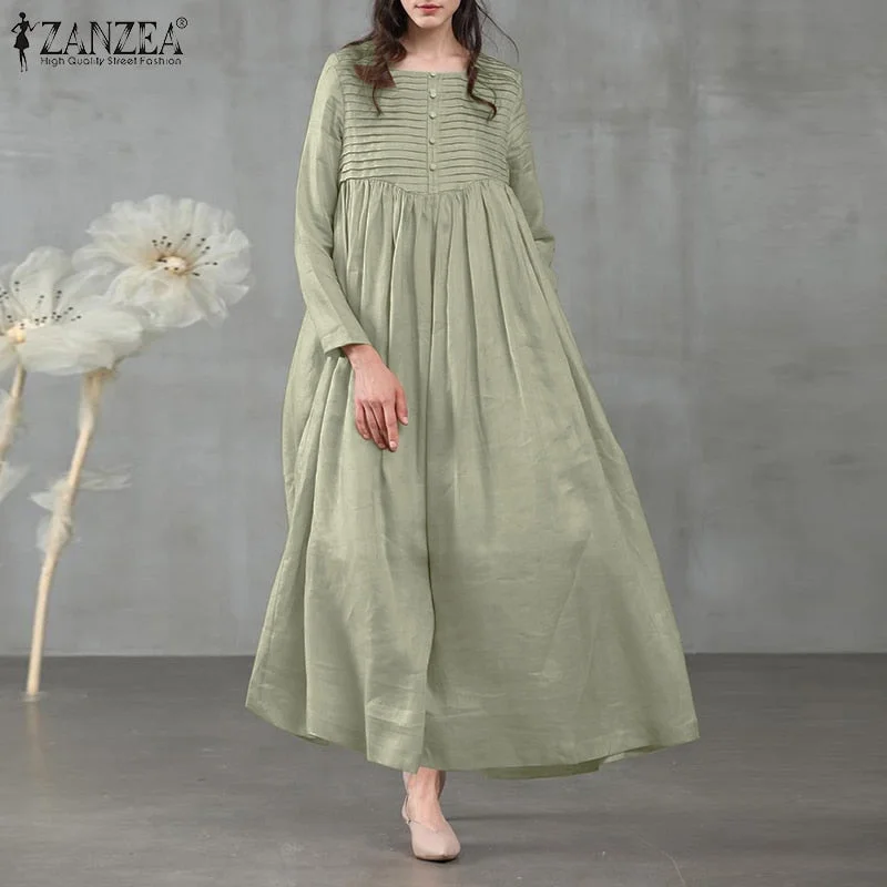 ZANZEA Spring Elegant Sundress Vintage Women Square Neck Long Sleeve Solid Long Dress Casual Pleated Party Vestido  7