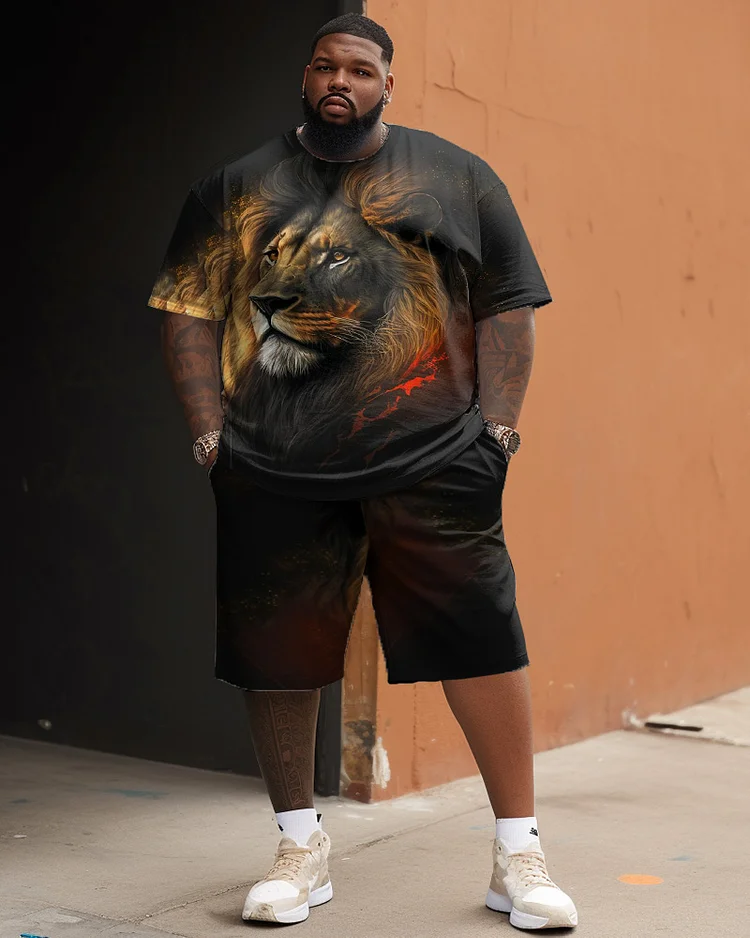 Men's Large Size Street Cartoon Color Block Lion Graffiti Short Sleeve Shorts Suit