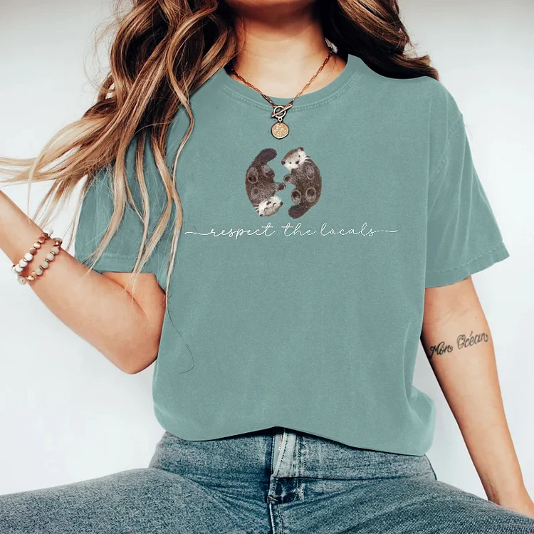 VChics Respect The Locals Forest Water Otters Embroidered Comfy T Shirt