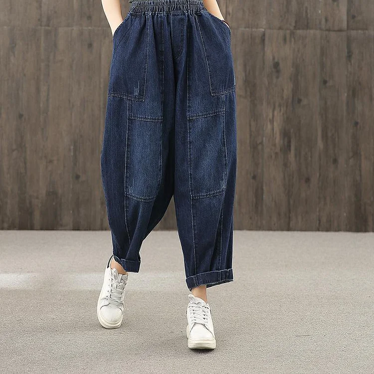 Denim blue autumn elastic waist casual trousers