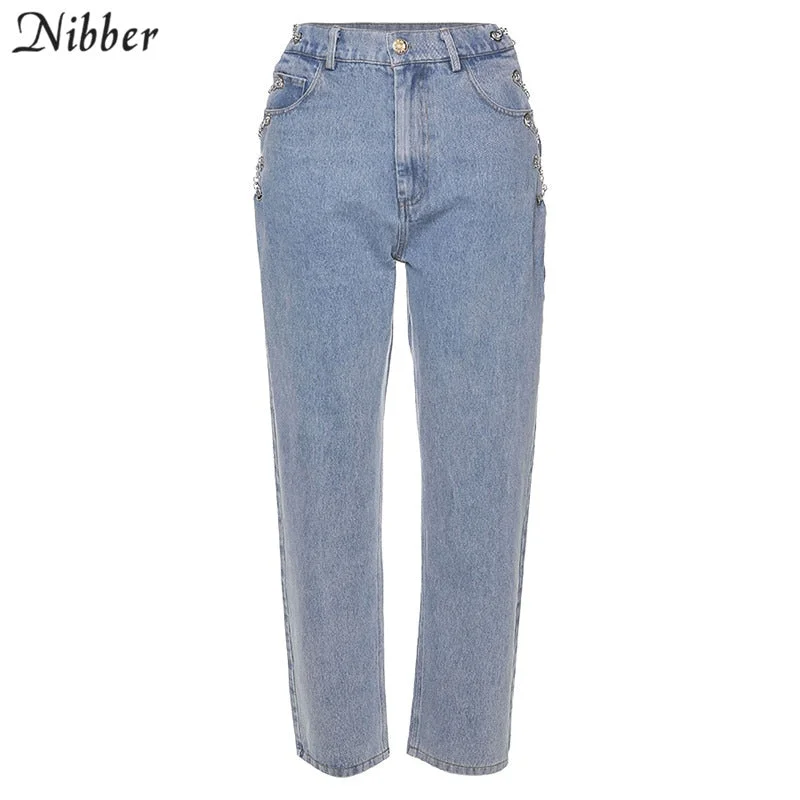 Nibber harajuku high waist hollow out Chain design Slim jeans woman leisure streetwear Commute high quality strgight pants mujer